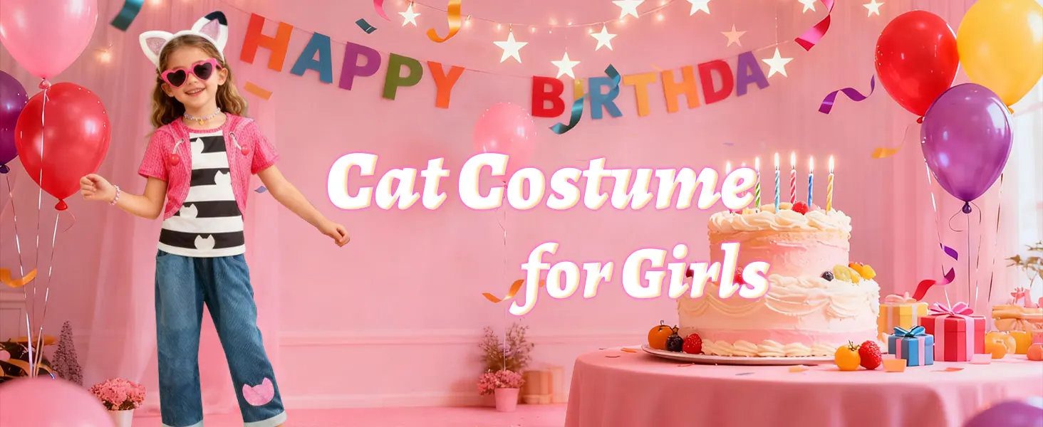 Summer Girls Cartoon Cosplay Costume Cats Striped Print Tops Pants For Kids Halloween Birthday Party Carnival Dress Up Outfits