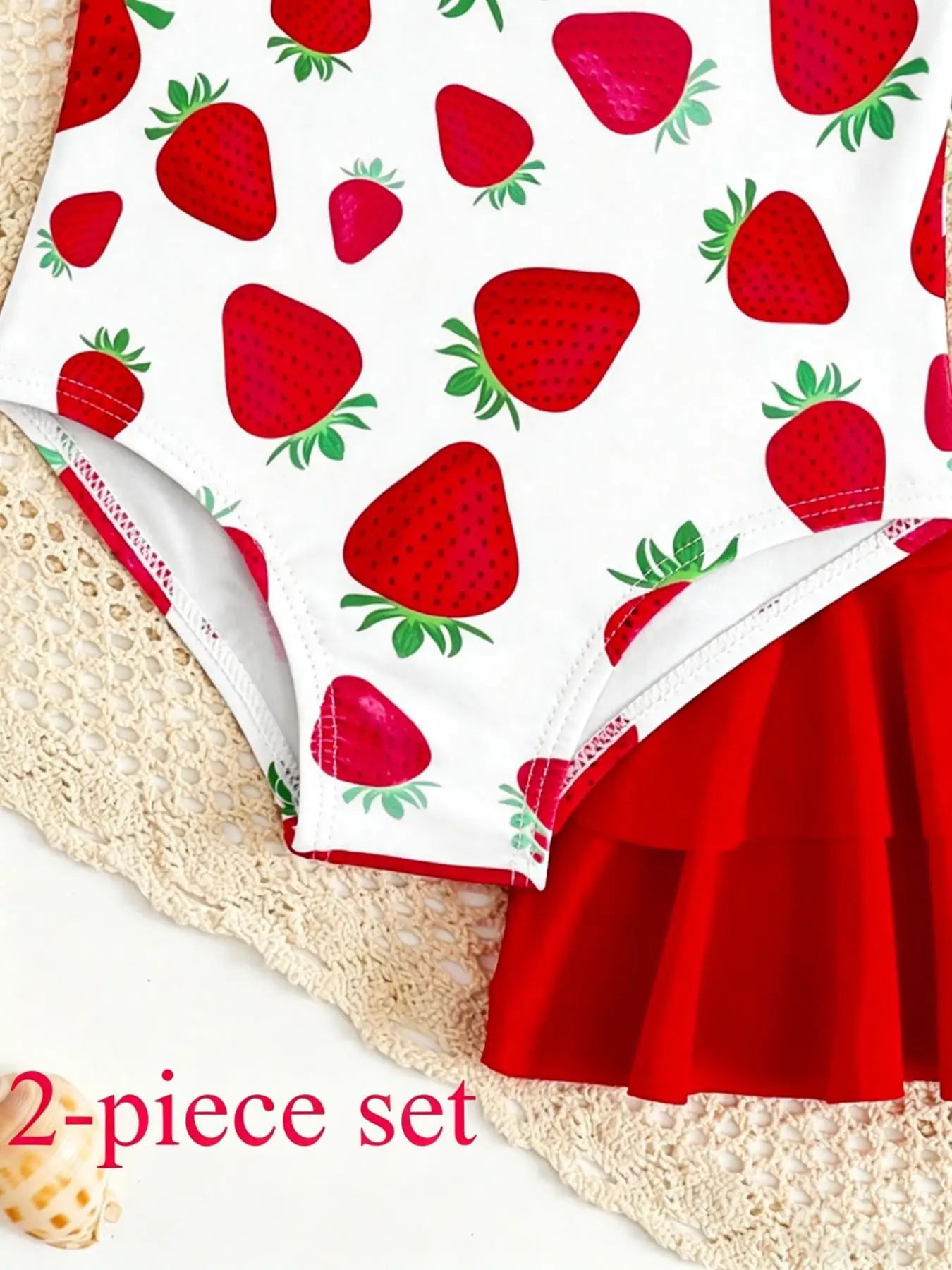 Children's Strawberry Pattern Swimsuit with Suspenders + Double-Layered Ruffle Skirt Set, Girls' Beach Vacation Swimwear Two-Piece Set, Beach Baby Swimsuit Set, Red and Pink, Cute, Fashionable, Versatile