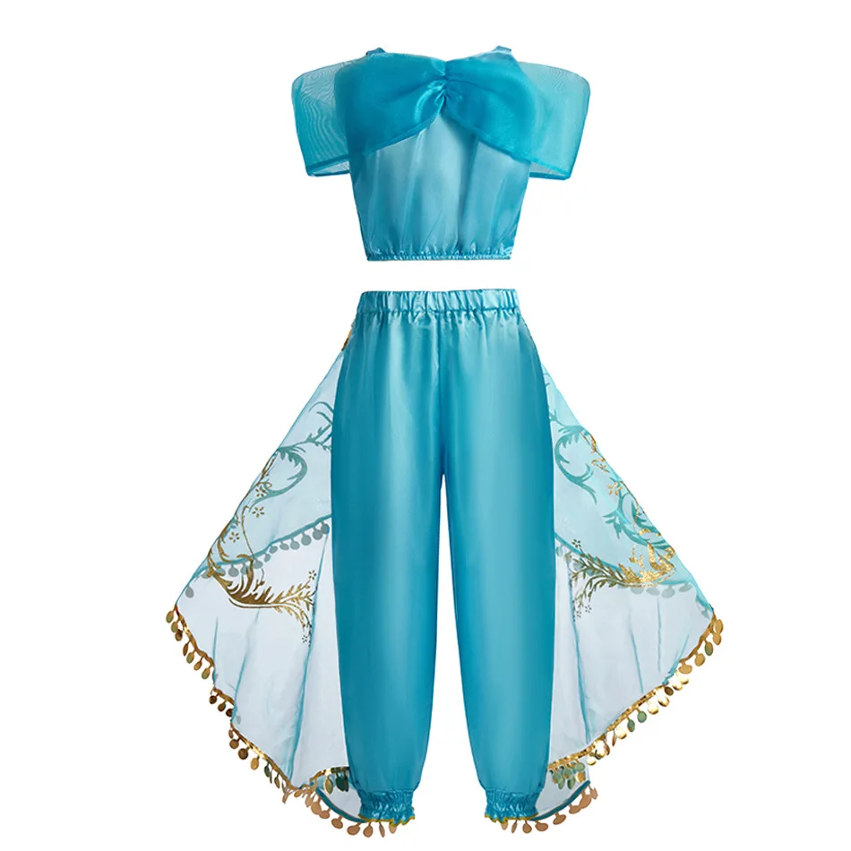 Girls Princess Jasmine Cosplay Costume Set Kids Arabian Outfit With Wig Crown Lamp Halloween Carnival Birthday Party Fancy Dress