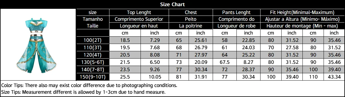Girls Princess Jasmine Cosplay Costume Set Kids Arabian Outfit With Wig Crown Lamp Halloween Carnival Birthday Party Fancy Dress