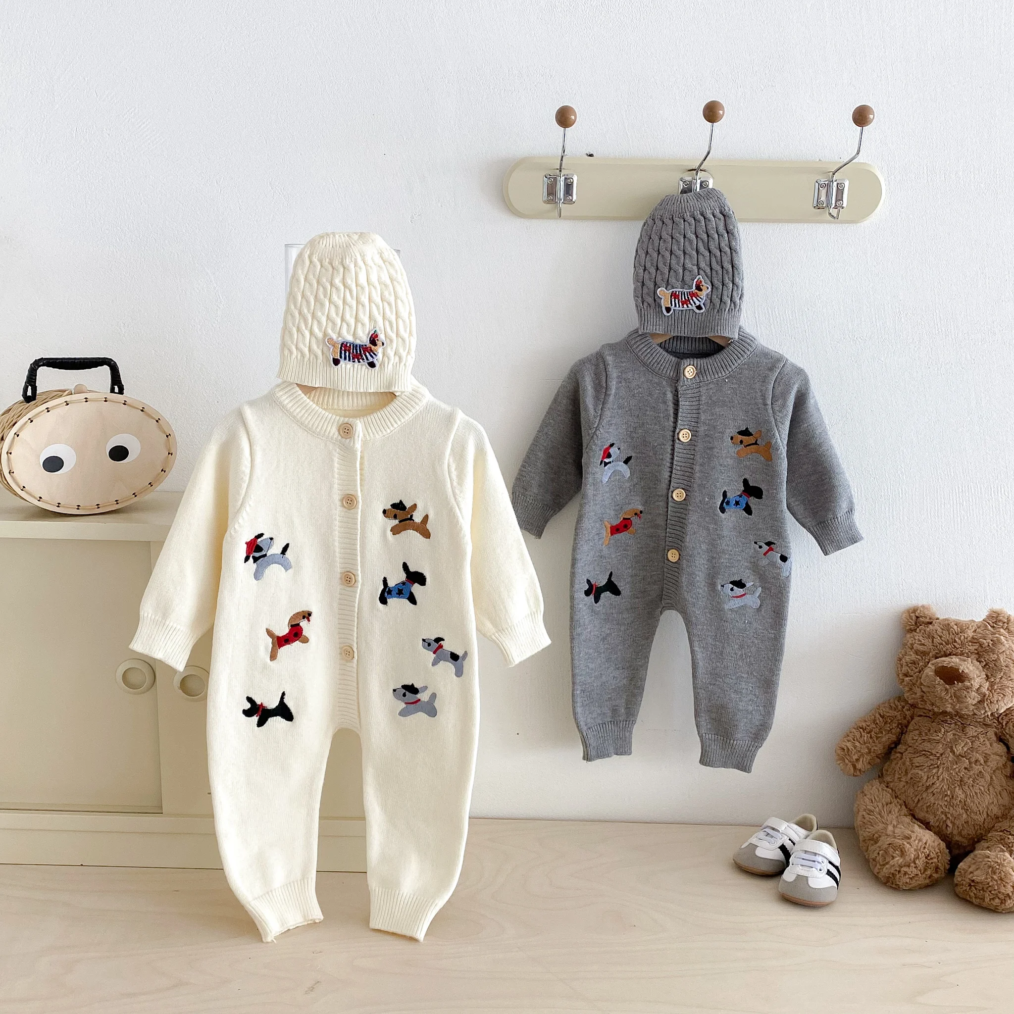 Autumn baby Clothes, Infant One-Piece Dress for Girls, Knitted Crawling Suit with Dog Pattern, Outdoor Wear