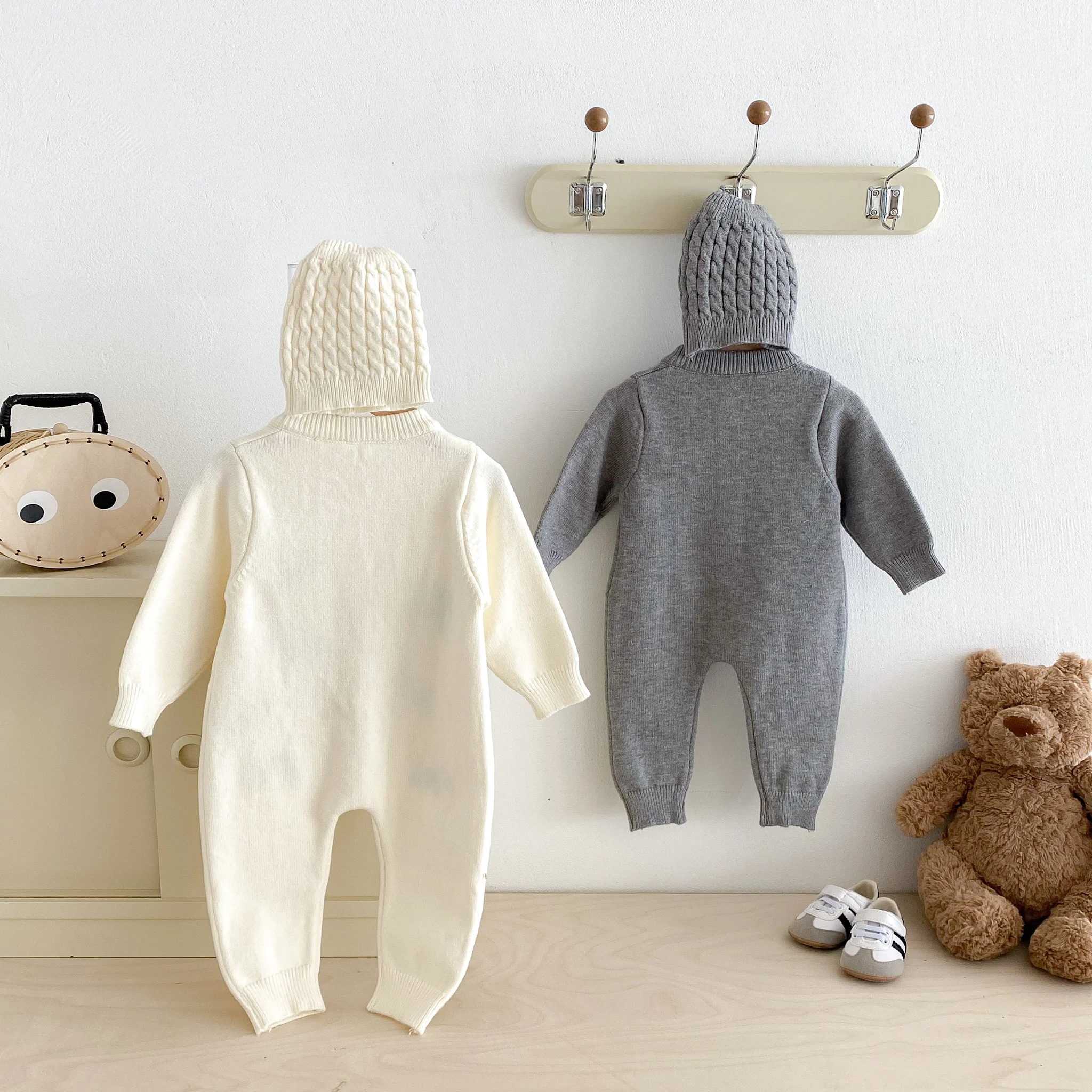 Autumn baby Clothes, Infant One-Piece Dress for Girls, Knitted Crawling Suit with Dog Pattern, Outdoor Wear