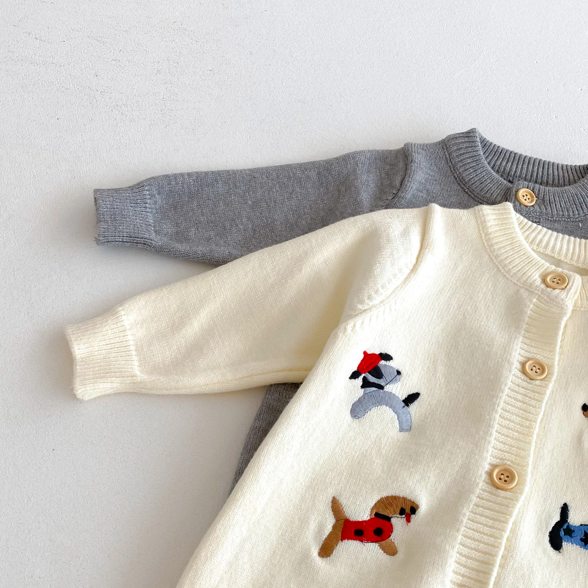 Autumn baby Clothes, Infant One-Piece Dress for Girls, Knitted Crawling Suit with Dog Pattern, Outdoor Wear