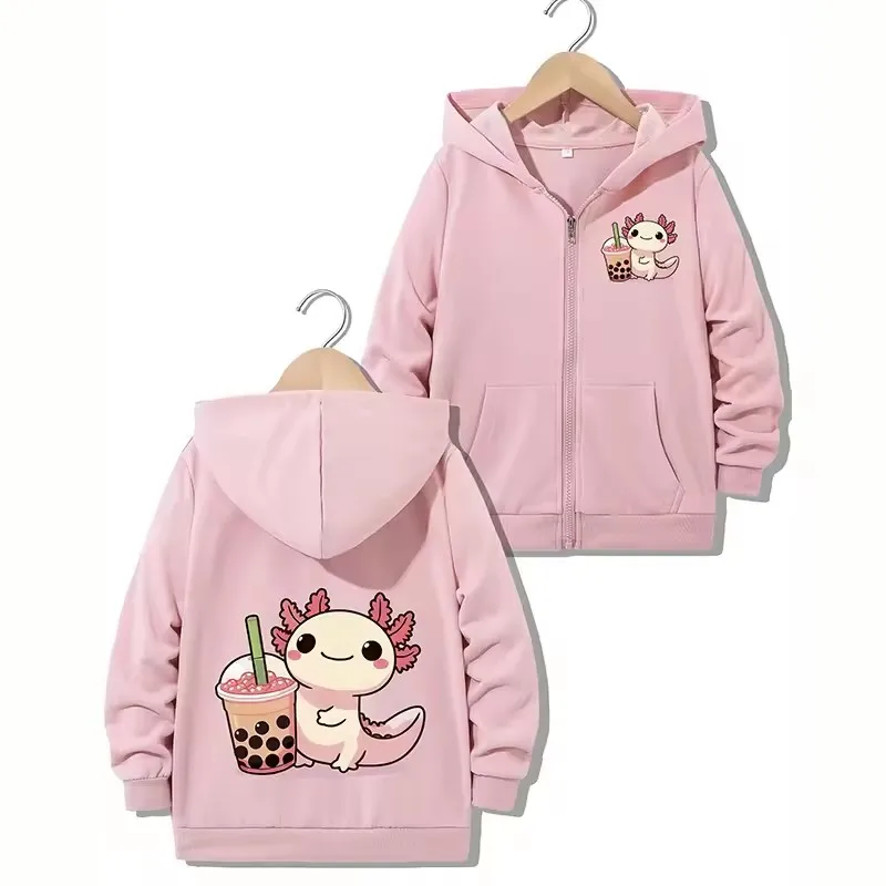Funny Stylish Casual Hoodie Axolotl Jacket for Boys Girls Zipper Spring and Autumn Trendy Animal Cartoon Sweatshirts Zip Up