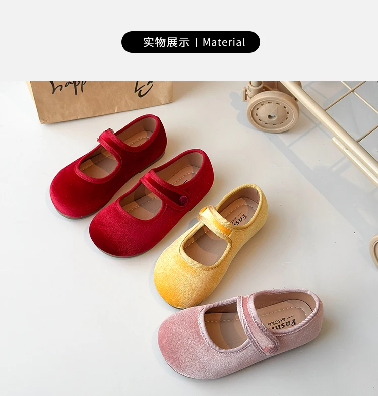 2026 New Cute Peach Pink Velvet Shoes Girls Vintage Green Velour Ballet Flats Baby Kids Spring New Soft Sole Luxury Mary Janes