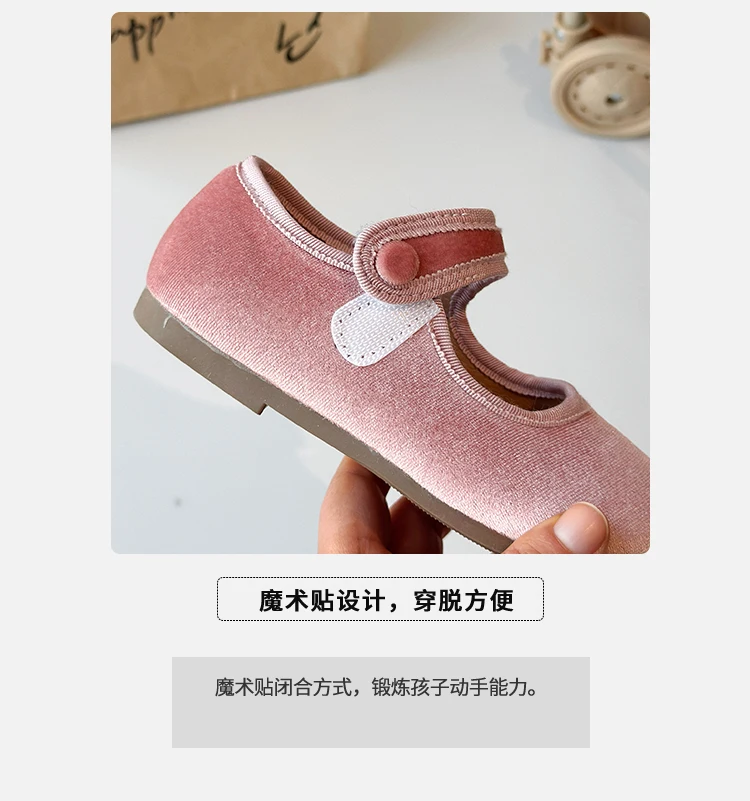 2026 New Cute Peach Pink Velvet Shoes Girls Vintage Green Velour Ballet Flats Baby Kids Spring New Soft Sole Luxury Mary Janes