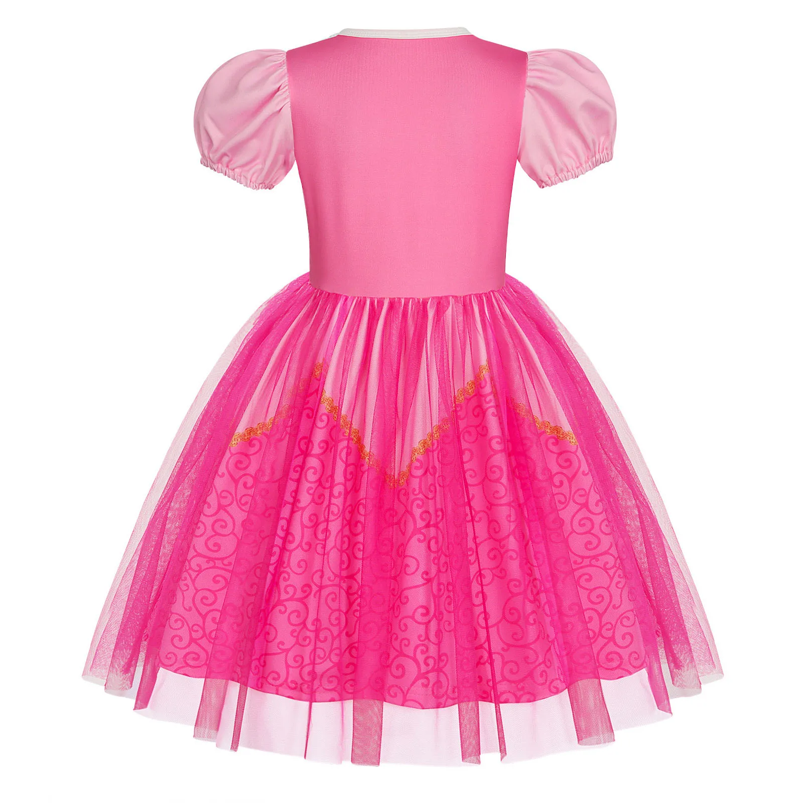 Girls Short Sleeve Fairy Tale Tulle Princess Dress With Printed Pattern Kids Birthday Party Belle Aurora Cosplay Costume 3-10Yrs