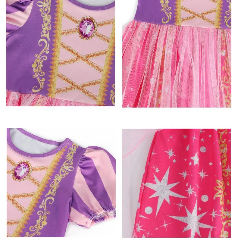 Girls Short Sleeve Fairy Tale Tulle Princess Dress With Printed Pattern Kids Birthday Party Belle Aurora Cosplay Costume 3-10Yrs