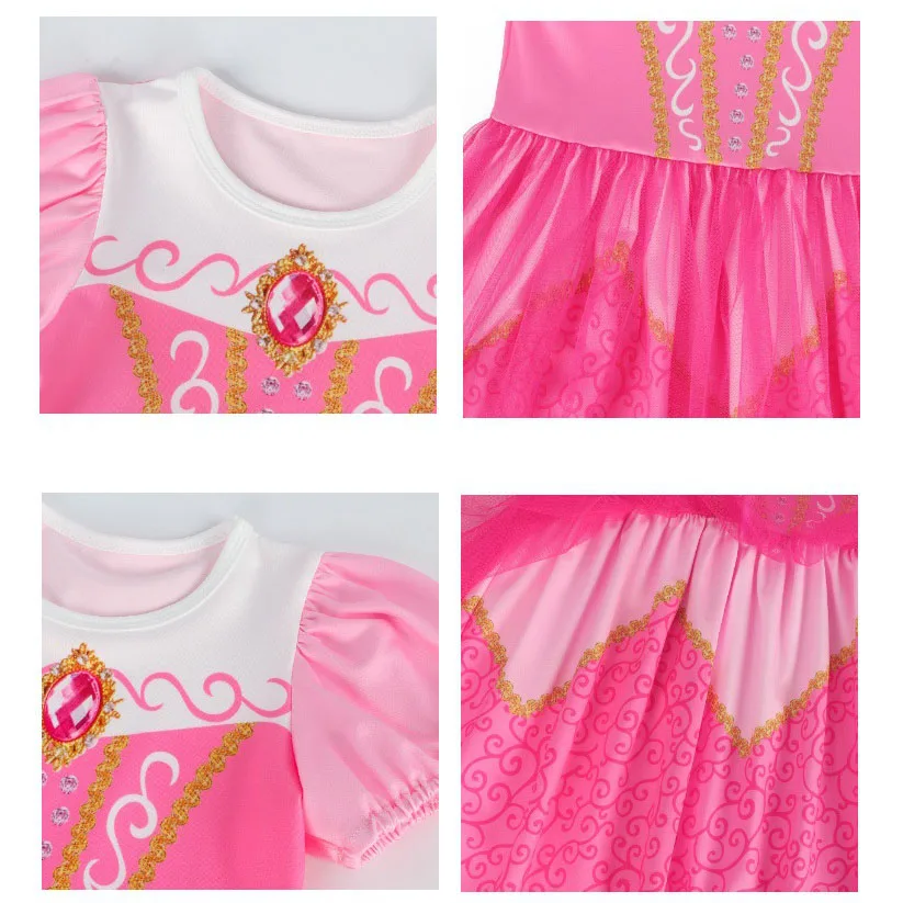 Girls Short Sleeve Fairy Tale Tulle Princess Dress With Printed Pattern Kids Birthday Party Belle Aurora Cosplay Costume 3-10Yrs
