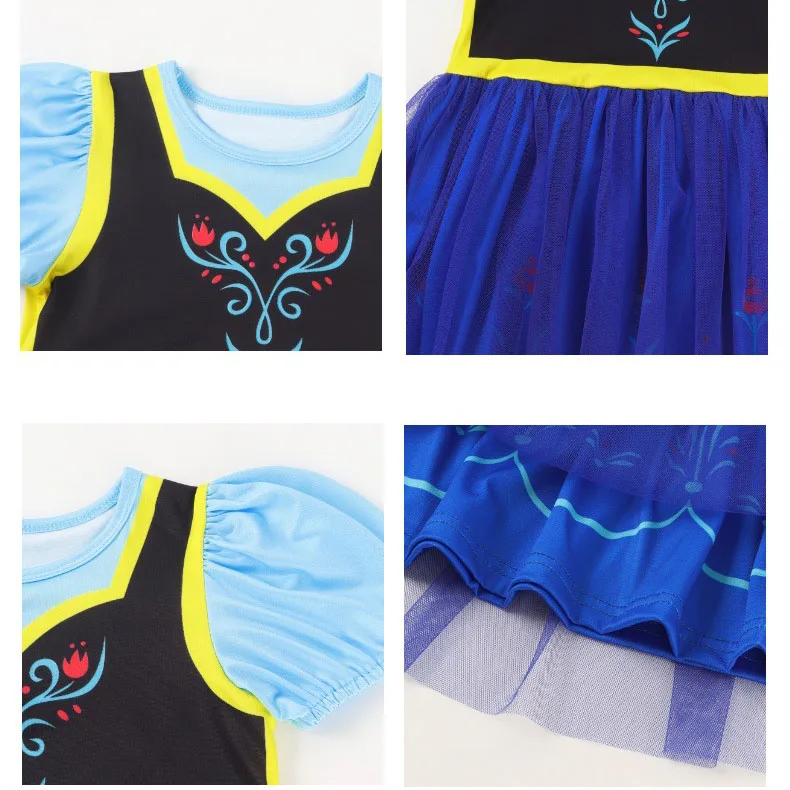 Girls Short Sleeve Fairy Tale Tulle Princess Dress With Printed Pattern Kids Birthday Party Belle Aurora Cosplay Costume 3-10Yrs