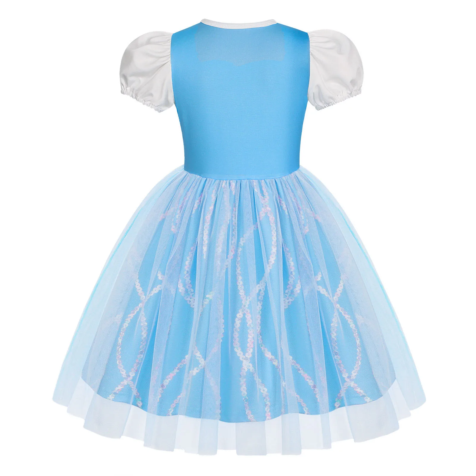Girls Short Sleeve Fairy Tale Tulle Princess Dress With Printed Pattern Kids Birthday Party Belle Aurora Cosplay Costume 3-10Yrs