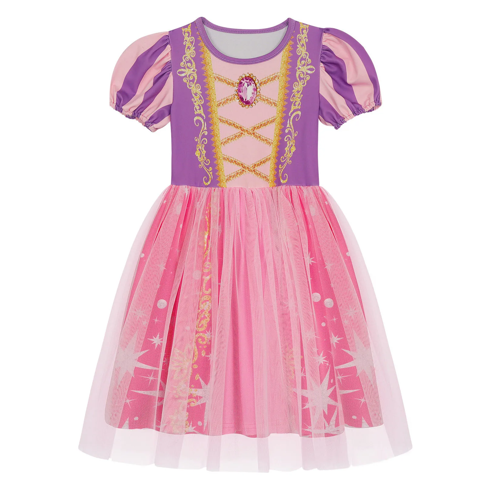Girls Short Sleeve Fairy Tale Tulle Princess Dress With Printed Pattern Kids Birthday Party Belle Aurora Cosplay Costume 3-10Yrs