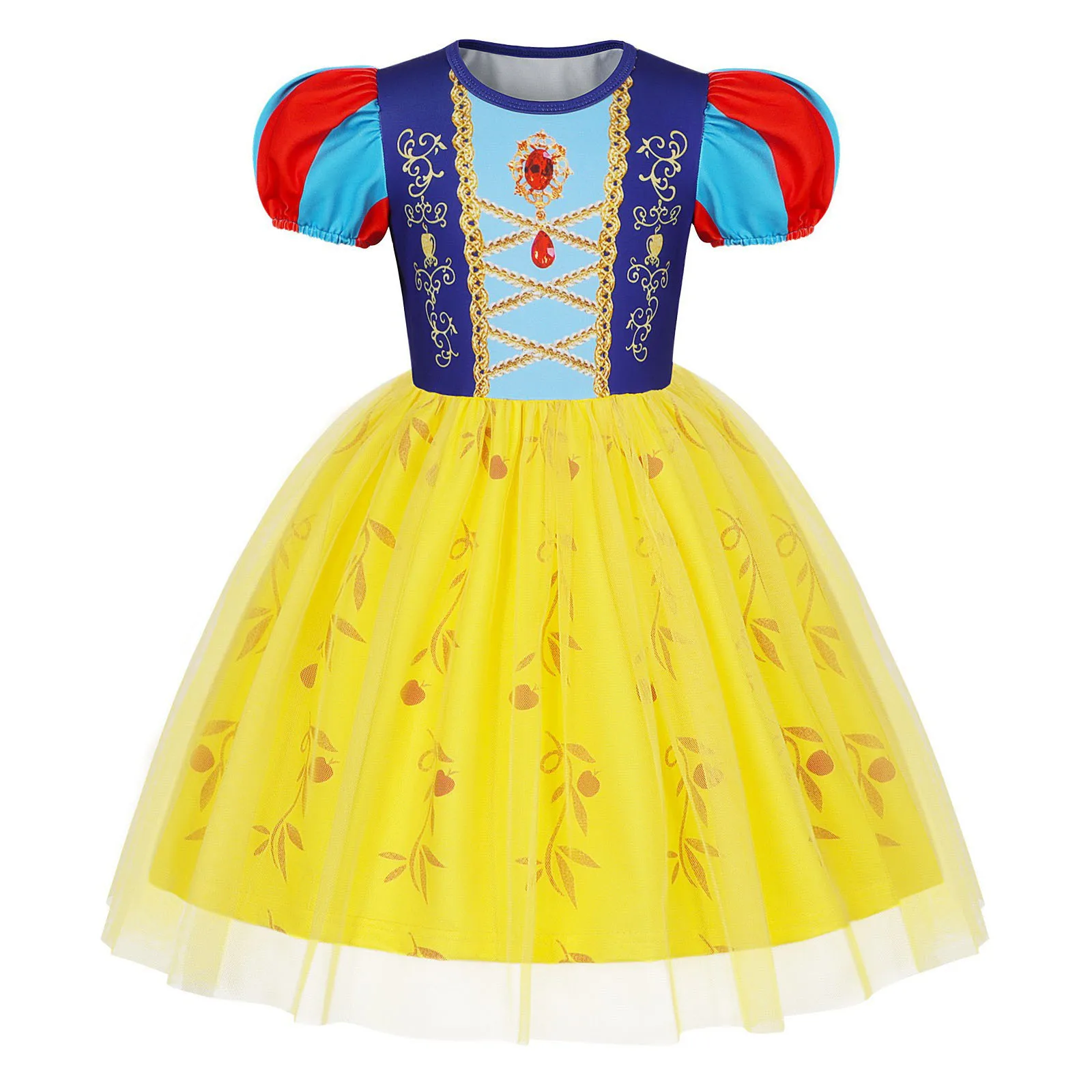 Girls Short Sleeve Fairy Tale Tulle Princess Dress With Printed Pattern Kids Birthday Party Belle Aurora Cosplay Costume 3-10Yrs