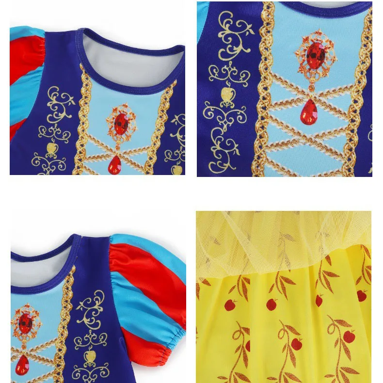 Girls Short Sleeve Fairy Tale Tulle Princess Dress With Printed Pattern Kids Birthday Party Belle Aurora Cosplay Costume 3-10Yrs