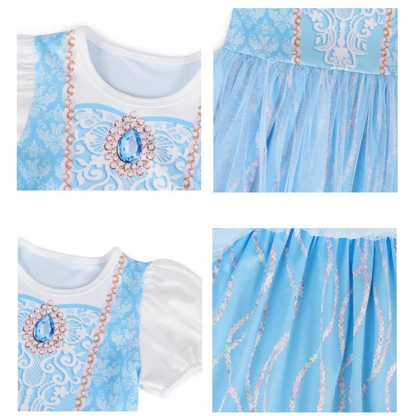 Girls Short Sleeve Fairy Tale Tulle Princess Dress With Printed Pattern Kids Birthday Party Belle Aurora Cosplay Costume 3-10Yrs