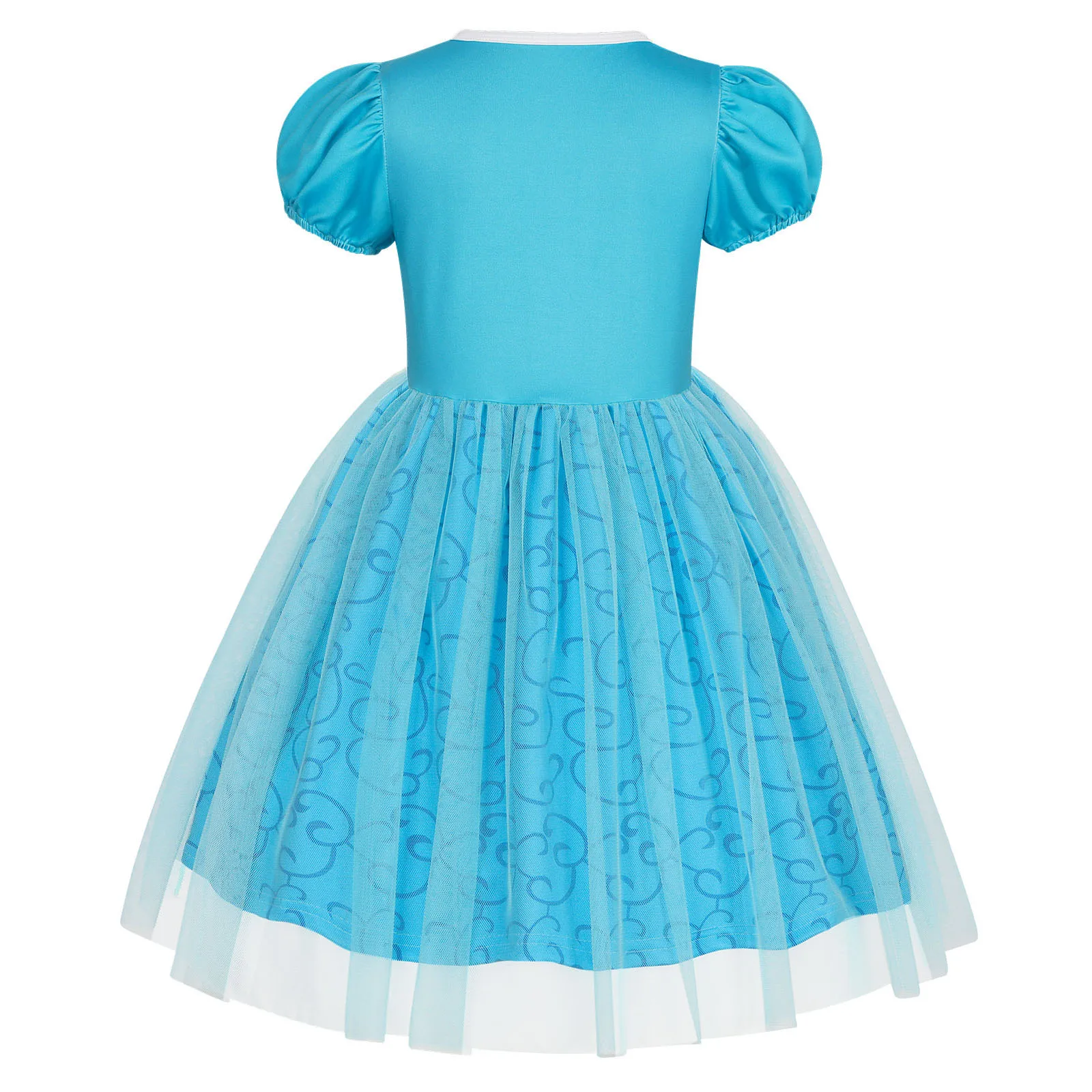 Girls Short Sleeve Fairy Tale Tulle Princess Dress With Printed Pattern Kids Birthday Party Belle Aurora Cosplay Costume 3-10Yrs