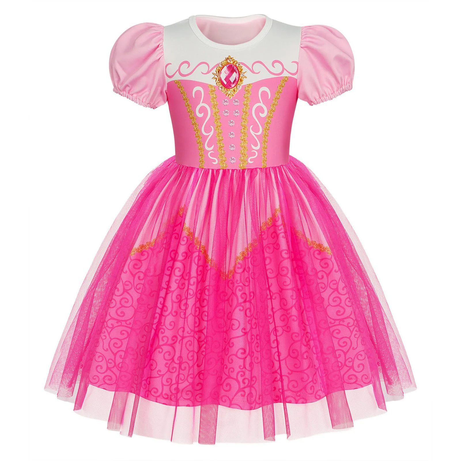 Girls Short Sleeve Fairy Tale Tulle Princess Dress With Printed Pattern Kids Birthday Party Belle Aurora Cosplay Costume 3-10Yrs