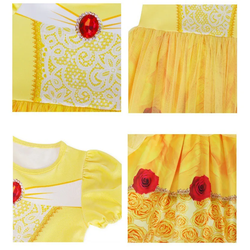 Girls Short Sleeve Fairy Tale Tulle Princess Dress With Printed Pattern Kids Birthday Party Belle Aurora Cosplay Costume 3-10Yrs