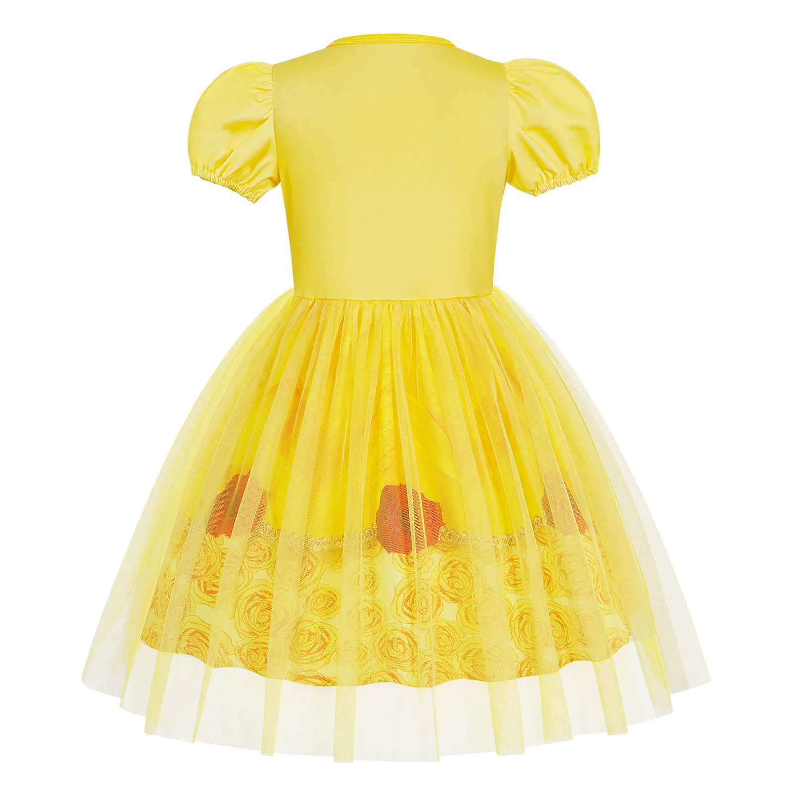 Girls Short Sleeve Fairy Tale Tulle Princess Dress With Printed Pattern Kids Birthday Party Belle Aurora Cosplay Costume 3-10Yrs