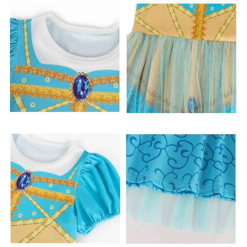 Girls Short Sleeve Fairy Tale Tulle Princess Dress With Printed Pattern Kids Birthday Party Belle Aurora Cosplay Costume 3-10Yrs