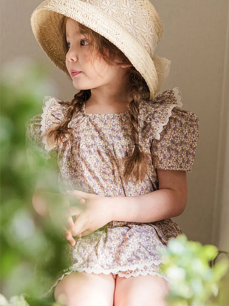 Baby Girl Cotton Flower Print Clothes Set Tshirt+Shorts 2PCS Infant Toddler Child Floral Lace Suit Summer Baby Clothes 1-10Y