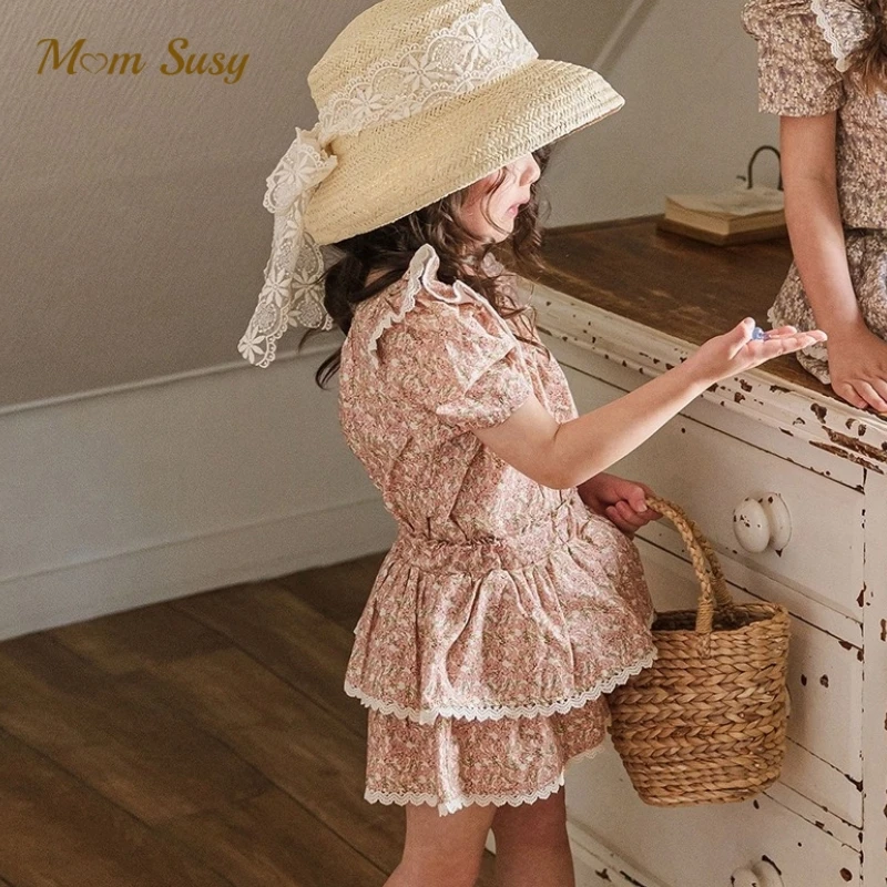 Baby Girl Cotton Flower Print Clothes Set Tshirt+Shorts 2PCS Infant Toddler Child Floral Lace Suit Summer Baby Clothes 1-10Y