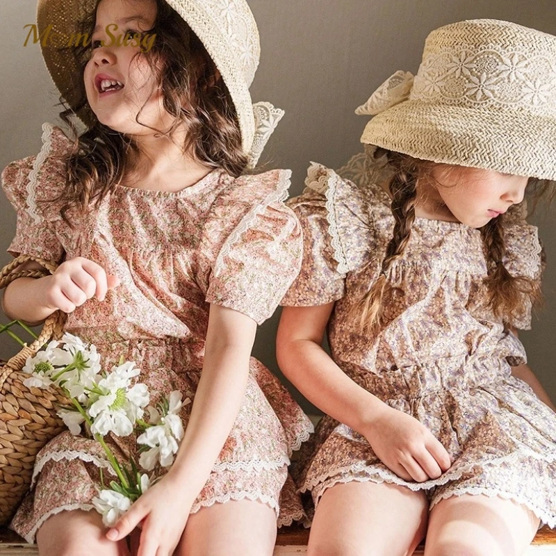 Baby Girl Cotton Flower Print Clothes Set Tshirt+Shorts 2PCS Infant Toddler Child Floral Lace Suit Summer Baby Clothes 1-10Y