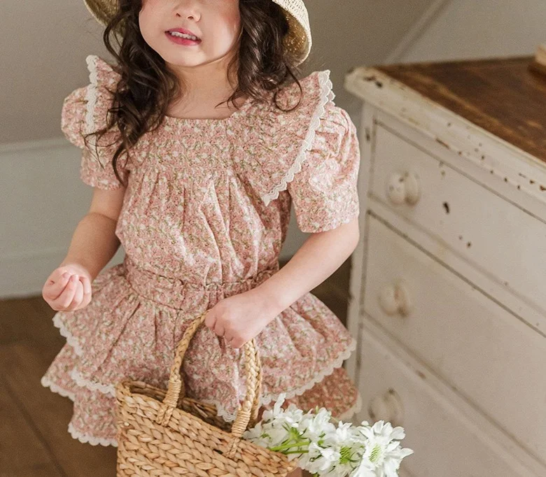 Baby Girl Cotton Flower Print Clothes Set Tshirt+Shorts 2PCS Infant Toddler Child Floral Lace Suit Summer Baby Clothes 1-10Y