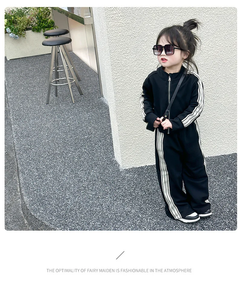 Autumn Gilrs Sports Sets Kids Striped Coats+Trousers 2Pcs New Casual Loose Outfits Children Fashion Clothes Suits 2-8 Years