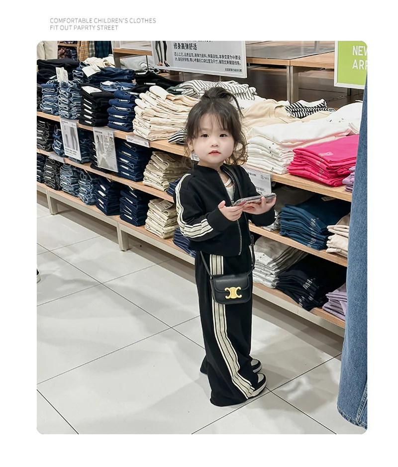Autumn Gilrs Sports Sets Kids Striped Coats+Trousers 2Pcs New Casual Loose Outfits Children Fashion Clothes Suits 2-8 Years