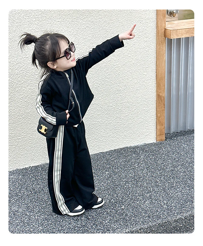 Autumn Gilrs Sports Sets Kids Striped Coats+Trousers 2Pcs New Casual Loose Outfits Children Fashion Clothes Suits 2-8 Years