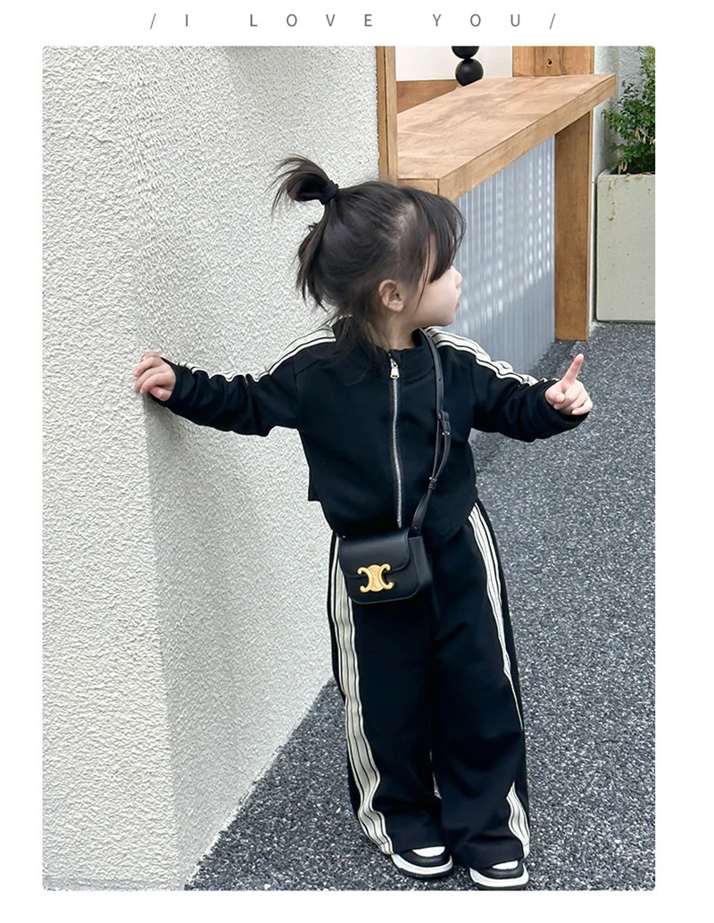 Autumn Gilrs Sports Sets Kids Striped Coats+Trousers 2Pcs New Casual Loose Outfits Children Fashion Clothes Suits 2-8 Years