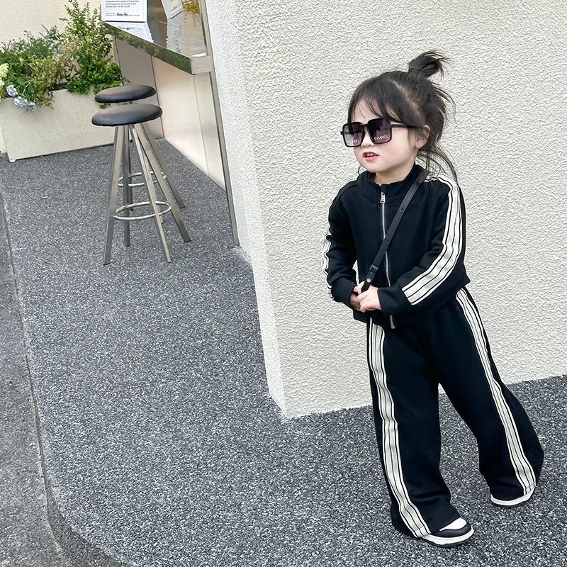 Autumn Gilrs Sports Sets Kids Striped Coats+Trousers 2Pcs New Casual Loose Outfits Children Fashion Clothes Suits 2-8 Years