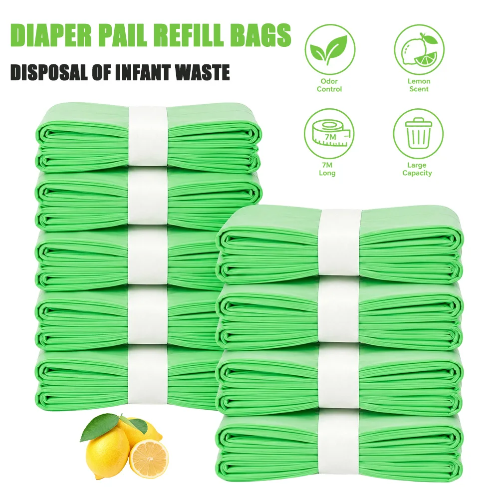 9 Pack Green Diaper Pail Refill Bags 7M Lemon Scent Odor Block Thick Leakproof Recycled Plastic Compatible with Litter Genie Diaper Genie Munchkin Angelcare Tommee Tippee Nursery Baby Waste Disposal Refill Film