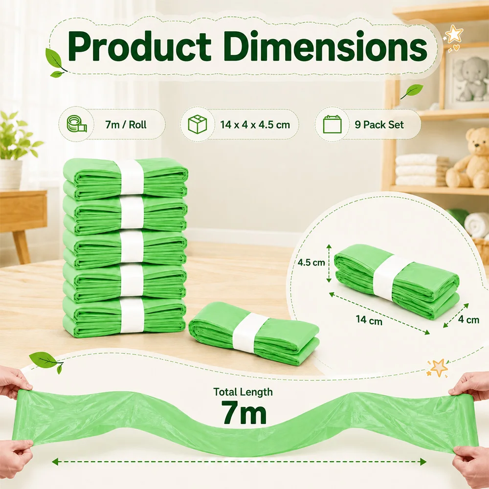 9 Pack Green Diaper Pail Refill Bags 7M Lemon Scent Odor Block Thick Leakproof Recycled Plastic Compatible with Litter Genie Diaper Genie Munchkin Angelcare Tommee Tippee Nursery Baby Waste Disposal Refill Film