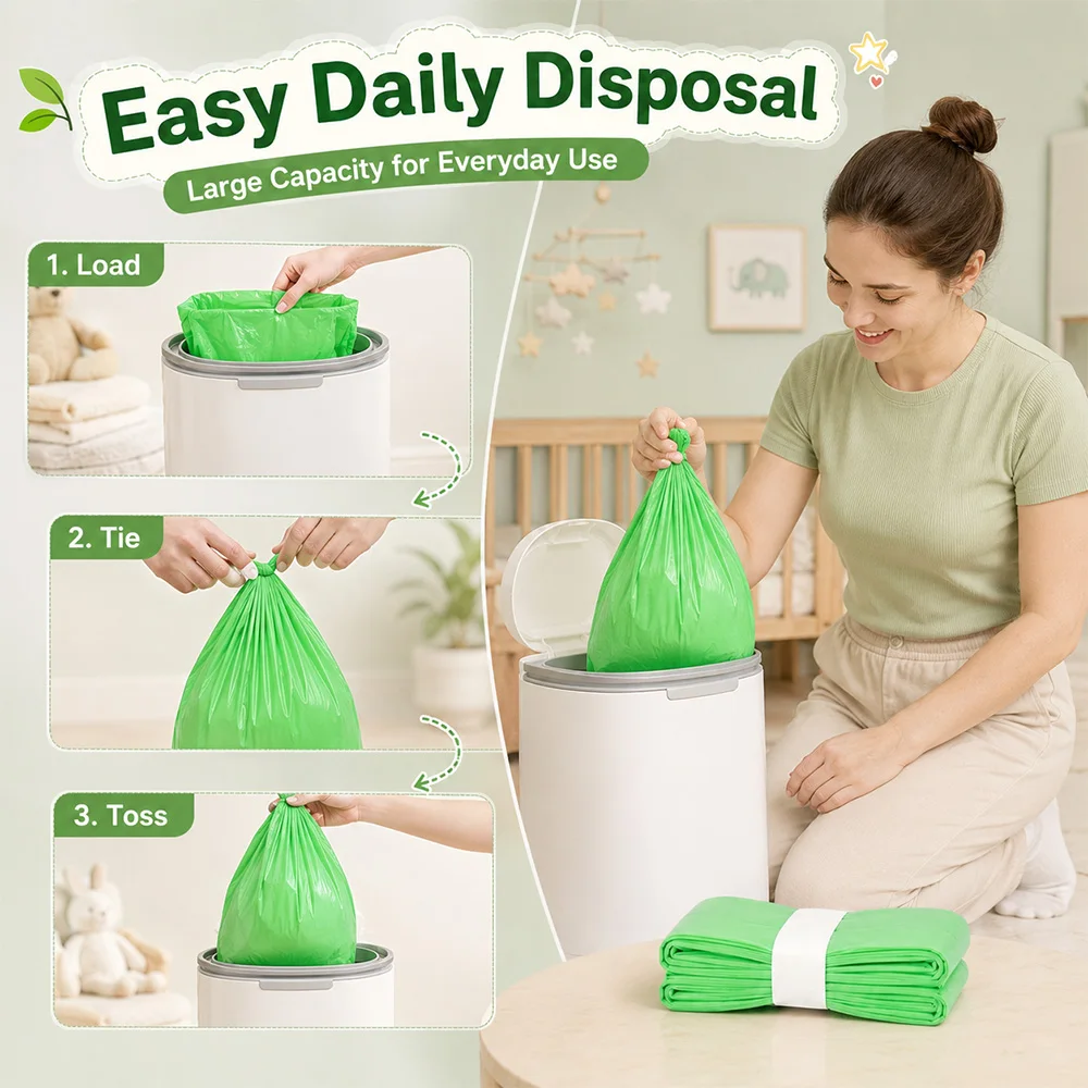 9 Pack Green Diaper Pail Refill Bags 7M Lemon Scent Odor Block Thick Leakproof Recycled Plastic Compatible with Litter Genie Diaper Genie Munchkin Angelcare Tommee Tippee Nursery Baby Waste Disposal Refill Film