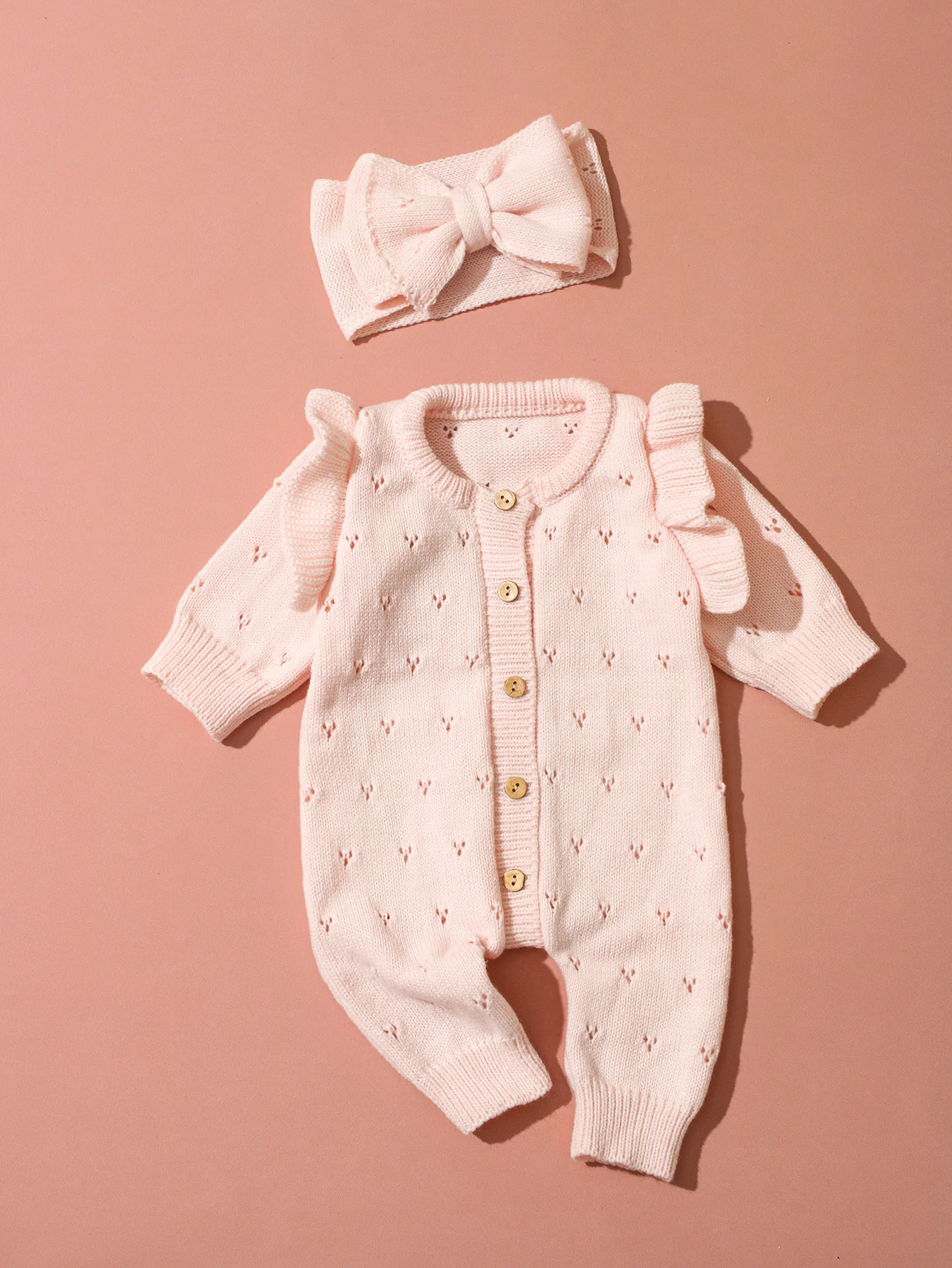 YlsteeeNewborn Baby Girl Knitted Romper Set with Bow Headband, Ruffle Sleeve Heart Knit Jumpsuit for 0-3M Photography Daily Wear