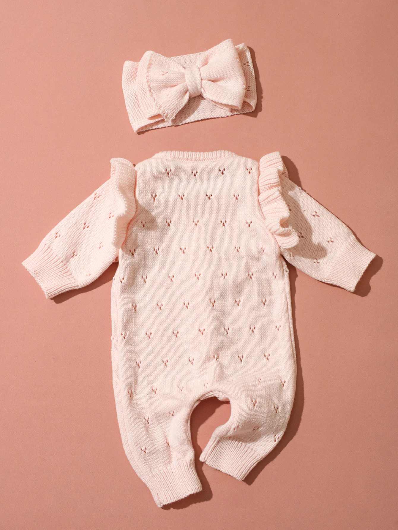 YlsteeeNewborn Baby Girl Knitted Romper Set with Bow Headband, Ruffle Sleeve Heart Knit Jumpsuit for 0-3M Photography Daily Wear