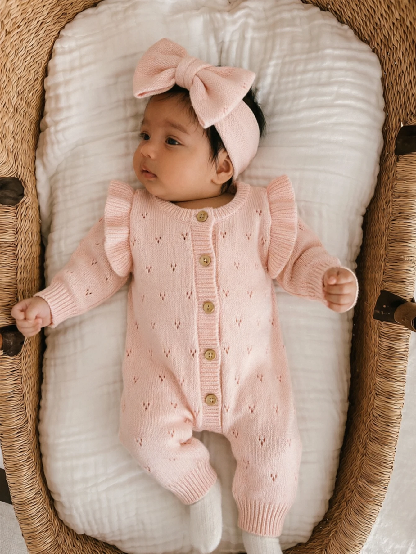 YlsteeeNewborn Baby Girl Knitted Romper Set with Bow Headband, Ruffle Sleeve Heart Knit Jumpsuit for 0-3M Photography Daily Wear