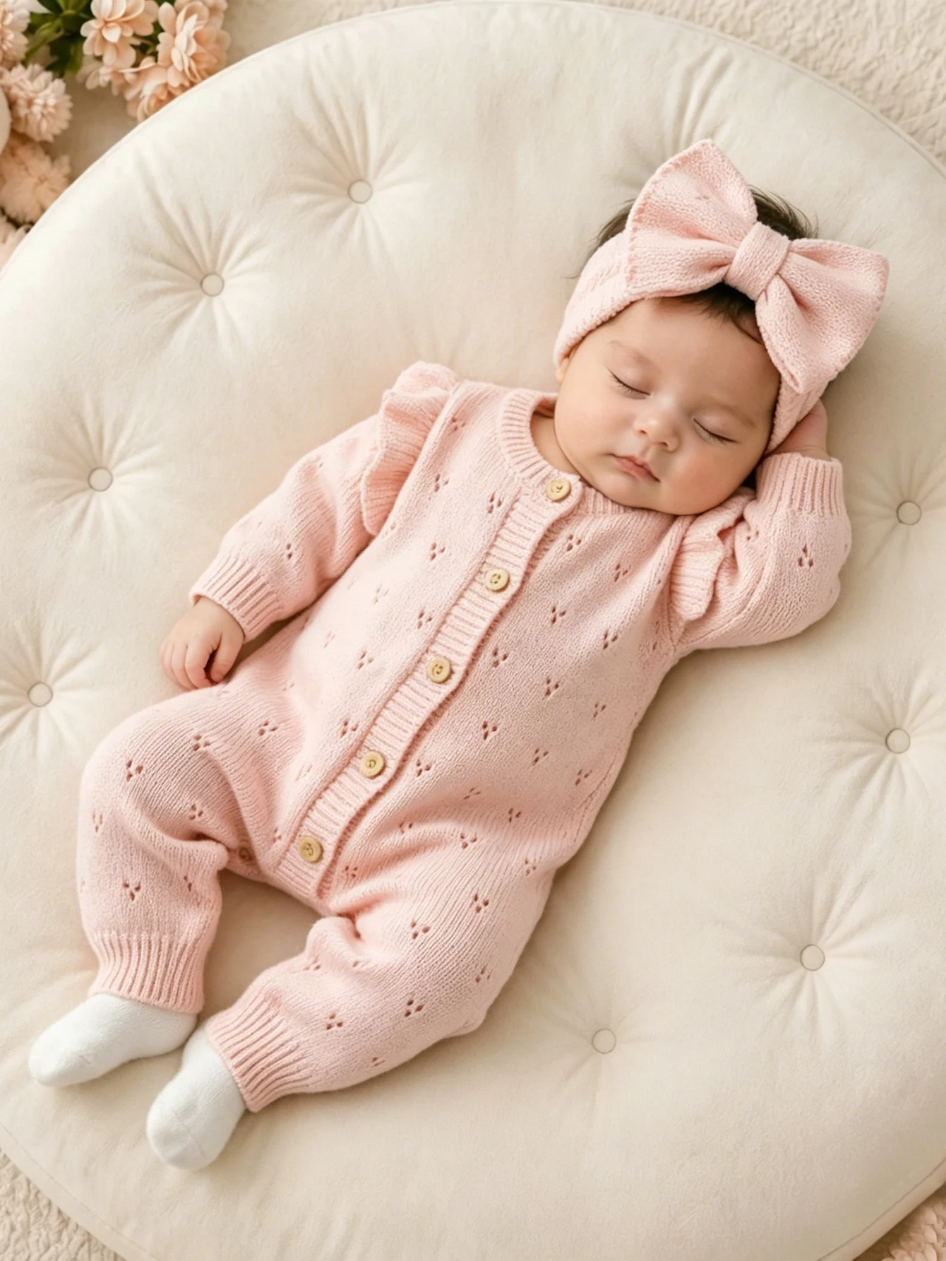 YlsteeeNewborn Baby Girl Knitted Romper Set with Bow Headband, Ruffle Sleeve Heart Knit Jumpsuit for 0-3M Photography Daily Wear