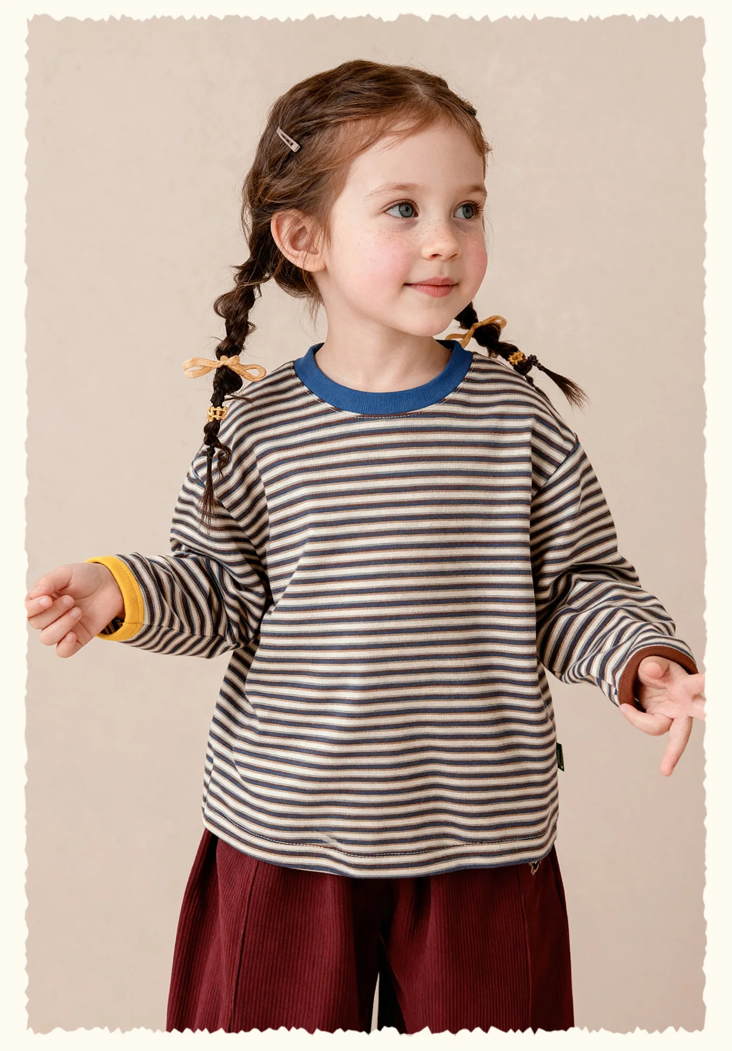Amila 2026 Autumn New Kids T Shirt Retro Colorful Stripe Two Tone Long Sleeve Base Layer Fashion Casual Soft Comfortable Top