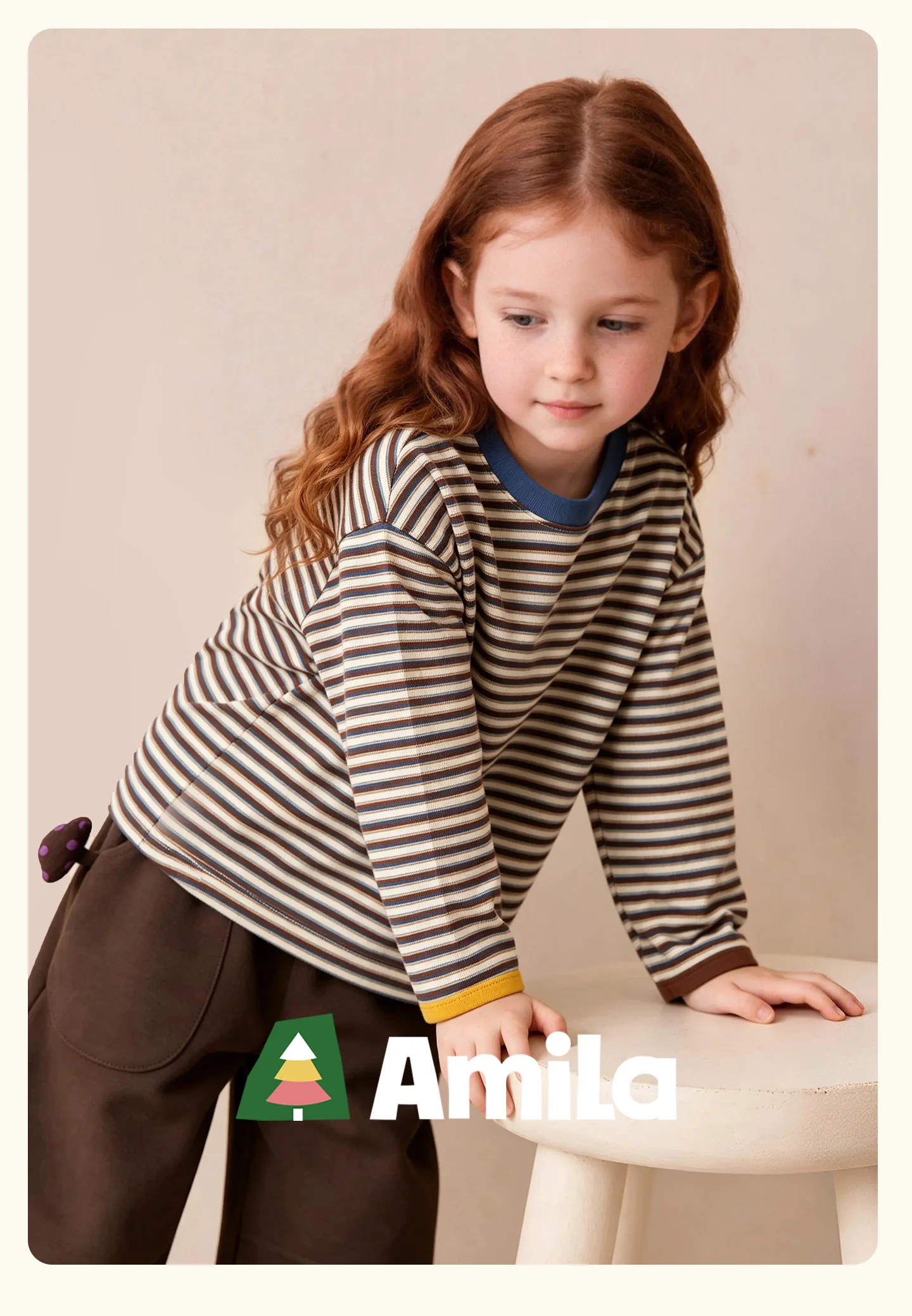 Amila 2026 Autumn New Kids T Shirt Retro Colorful Stripe Two Tone Long Sleeve Base Layer Fashion Casual Soft Comfortable Top