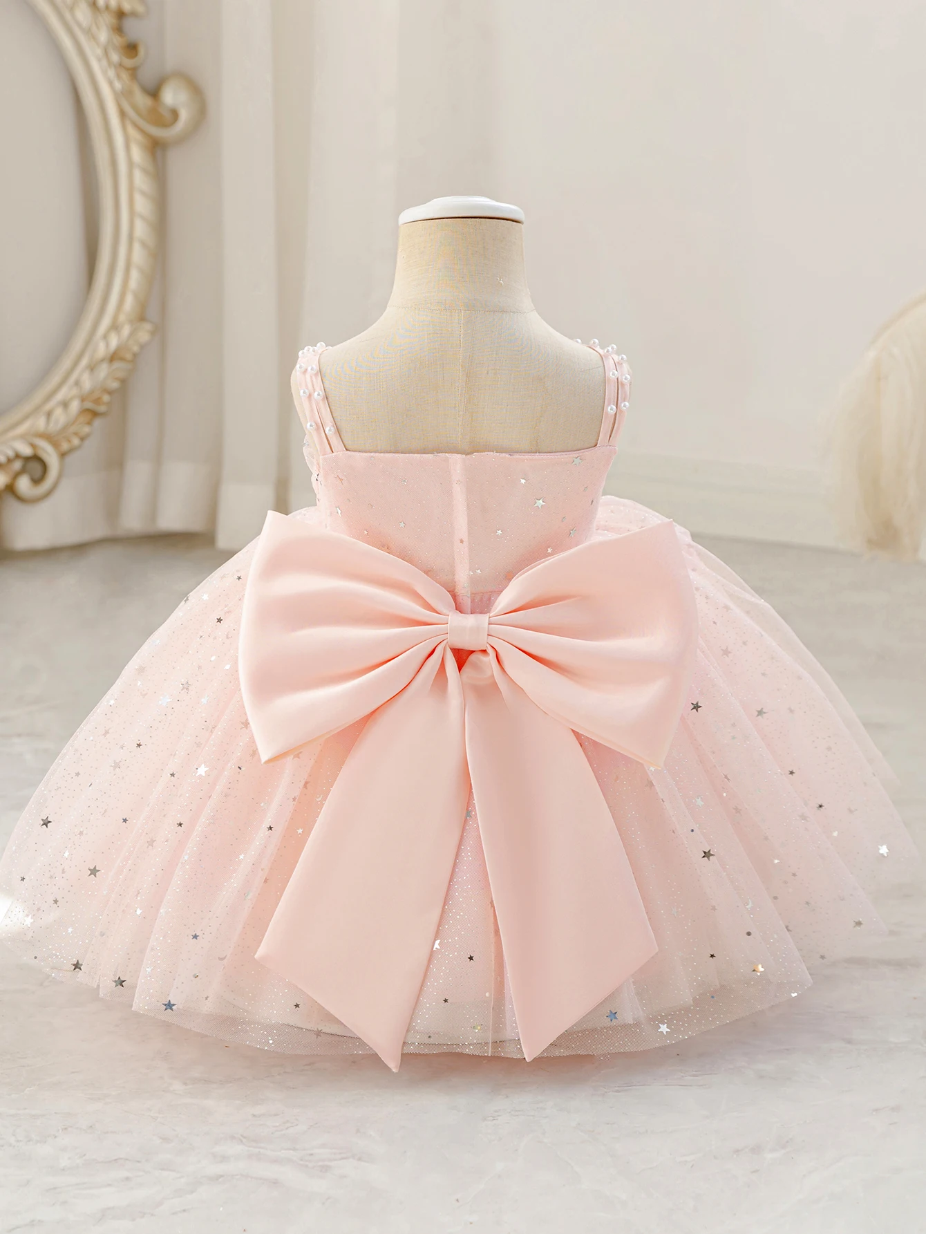 Elegant Pink Silk Party Dress for Girls Featuring Glitter-Embellished Net Overlay, Delicate Butterfly-Knot Accents Banquets