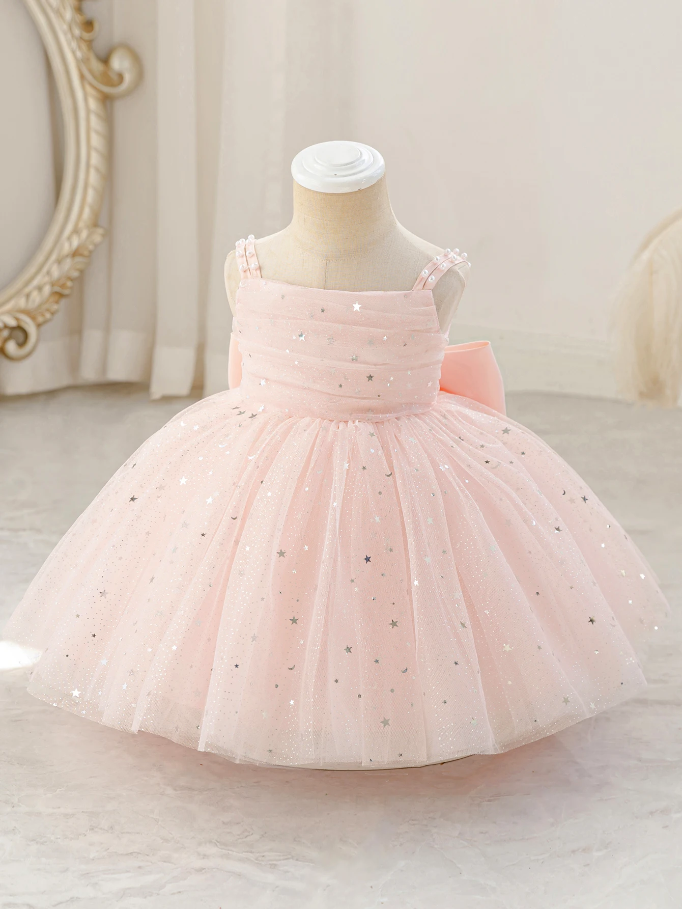 Elegant Pink Silk Party Dress for Girls Featuring Glitter-Embellished Net Overlay, Delicate Butterfly-Knot Accents Banquets