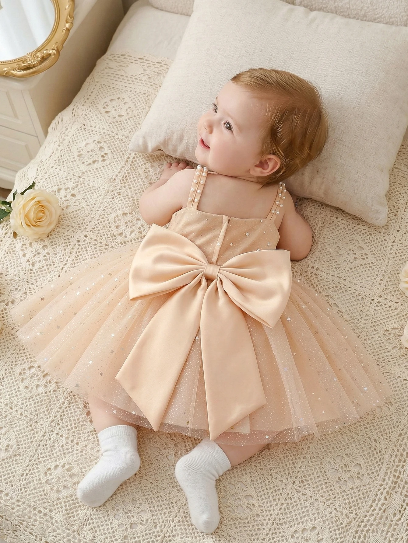 Elegant Pink Silk Party Dress for Girls Featuring Glitter-Embellished Net Overlay, Delicate Butterfly-Knot Accents Banquets