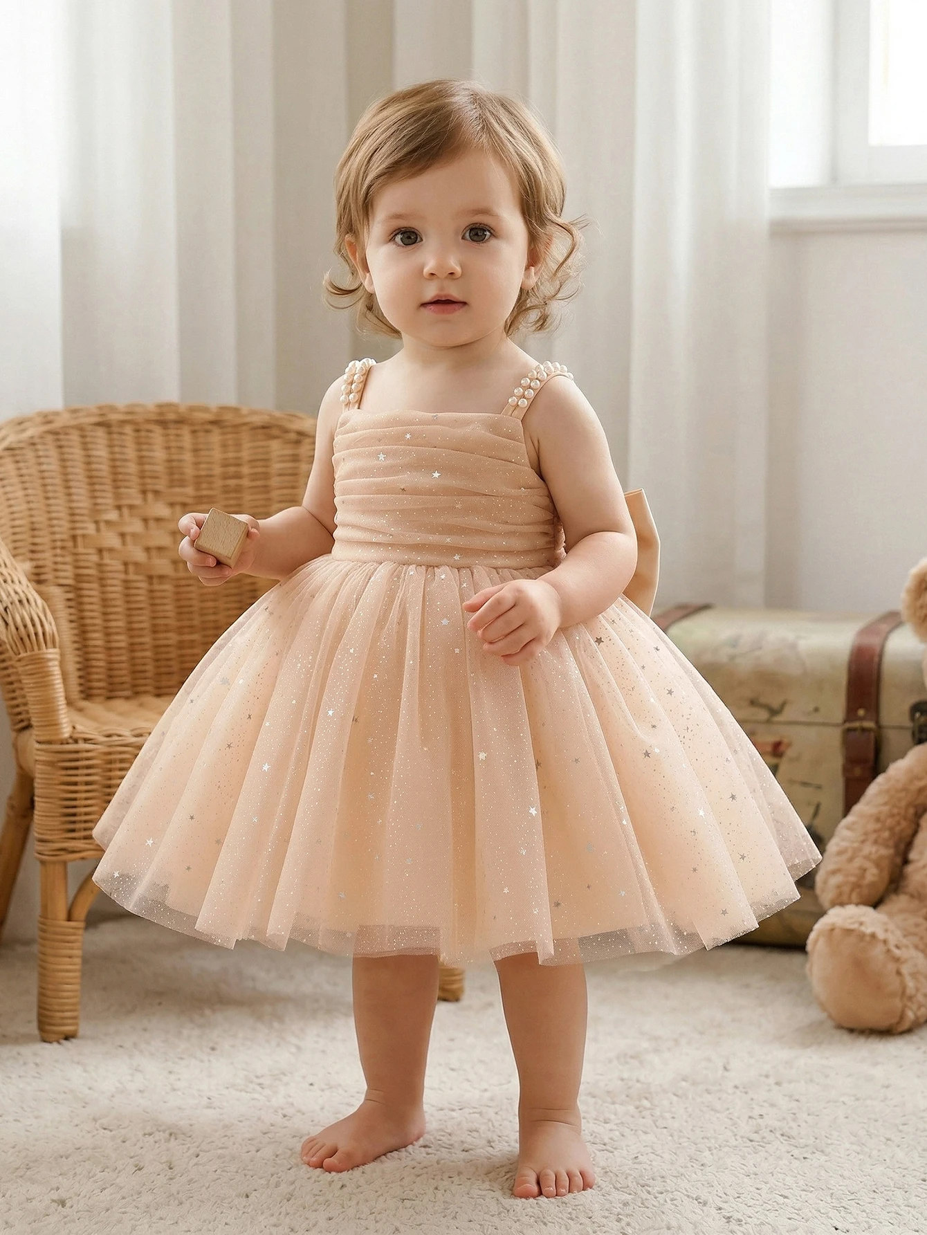 Elegant Pink Silk Party Dress for Girls Featuring Glitter-Embellished Net Overlay, Delicate Butterfly-Knot Accents Banquets