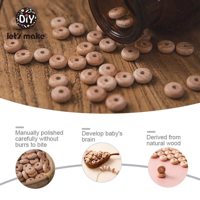 Let's Make 50pc 10mm Beech Abacus Beads Wood Beads Necklace DIY Food Grade Baby Teether Beading Nipple Wood Chain Accessories