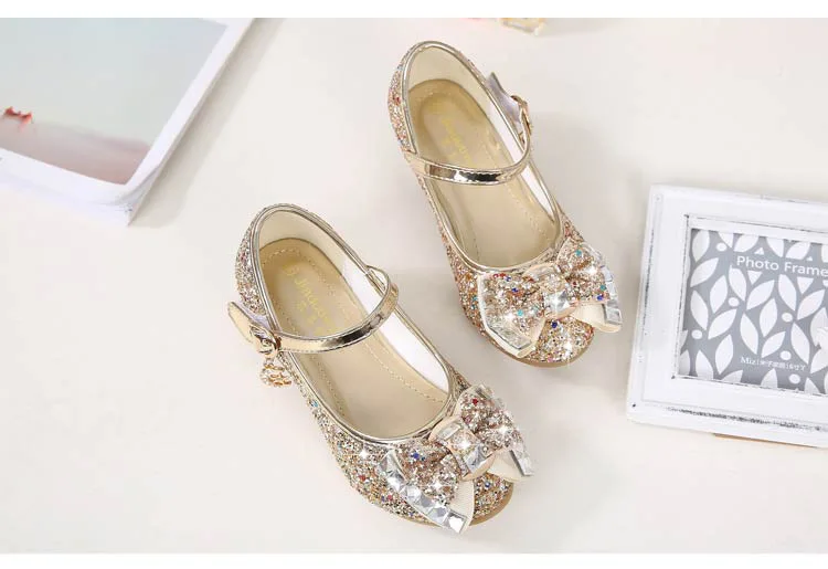 Children Princess Sandals Kids Girls Wedding Shoes High Heels Dress Shoes Bowtie Purple Pink Blue Silver Shoes For Girls