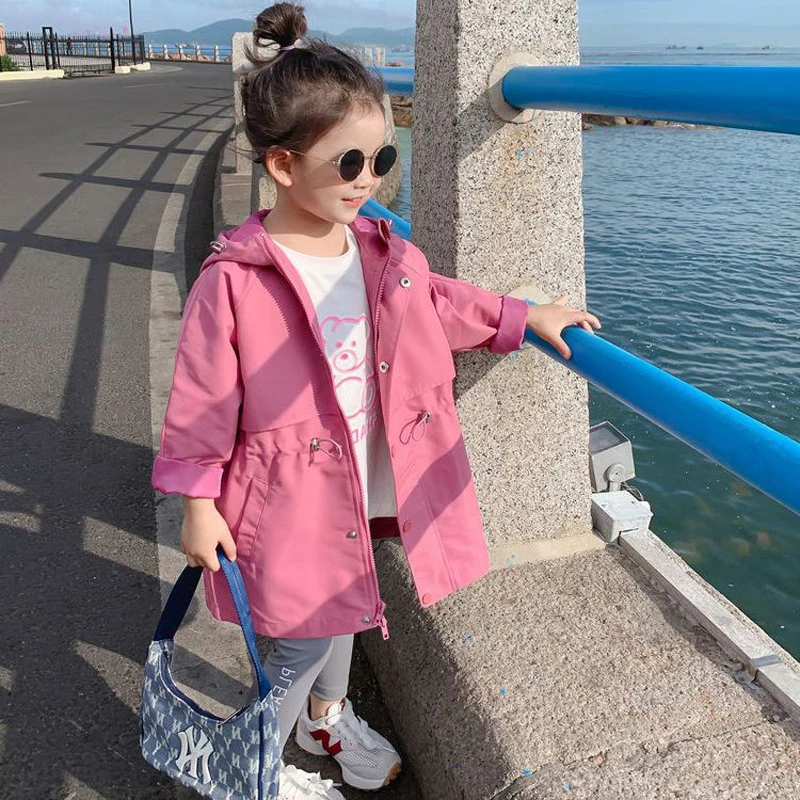 2025 Hot Selling Spring Autumn Girls Coat Long Style Waist Retractable Hoodies Windbreaker Jacket For 3-12 Years Old Kids