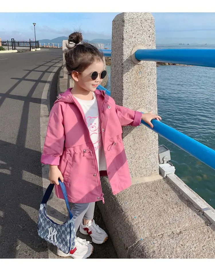 2025 Hot Selling Spring Autumn Girls Coat Long Style Waist Retractable Hoodies Windbreaker Jacket For 3-12 Years Old Kids